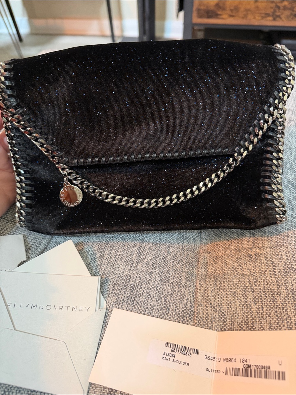 Authentic Stella McCartney Black Velvet Blue Glitter Chain Mini Shoulder Bag